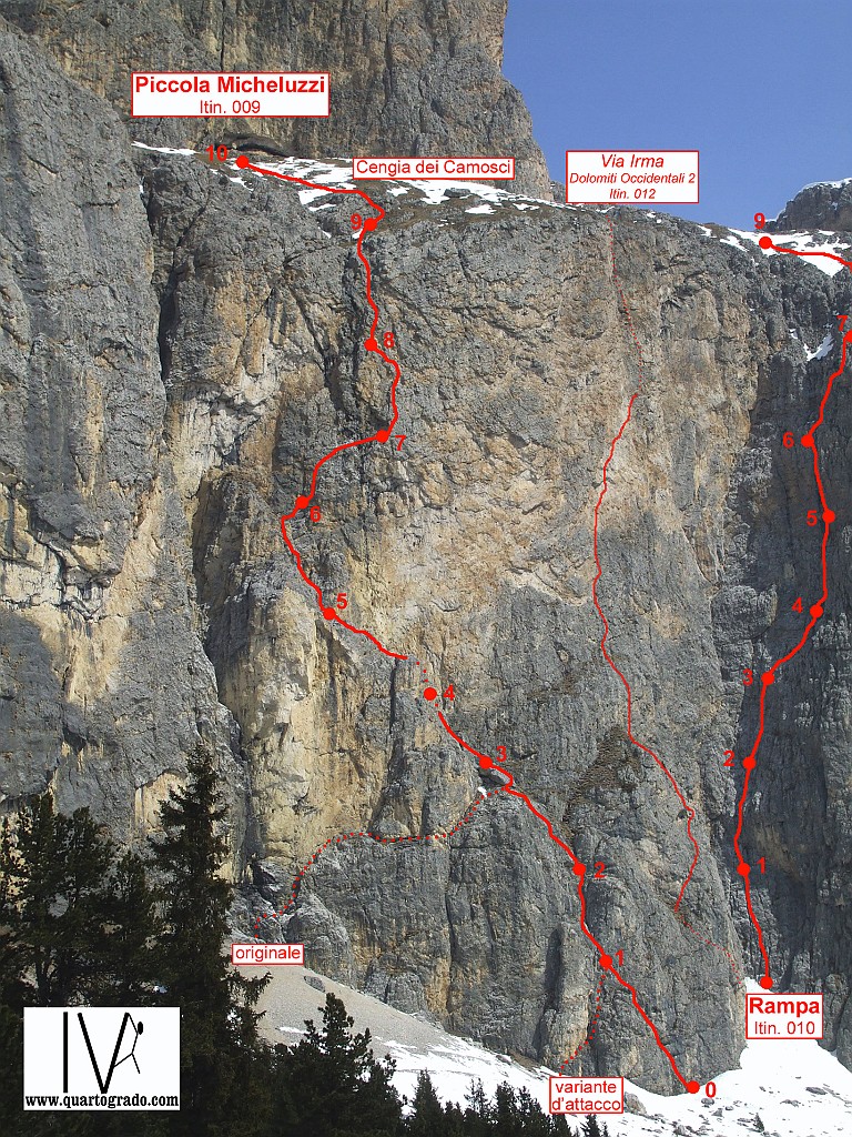 PIZ CIAVAZES_Micheluzzi_sito.jpg - Classica e facile via sul Piz Ciavazes. Attenzione ai primi tiri, più che di arrampicare si parla di traversi su roccia friabile e erba ... facili ma poco proteggibili. In alto la via si riscatta con arrampicata divertente su roccia ottima.